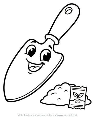 Freundliche Gartenschaufel mit Gesicht und Saatgut Ausmalbild