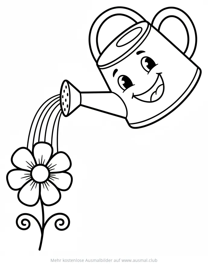 Freundliche Giesskanne bewässert Blume Ausmalbild