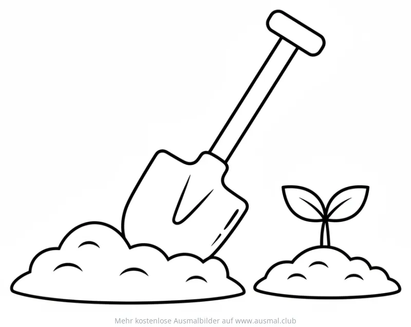 Schaufel im Erdreich und Setzling Ausmalbild