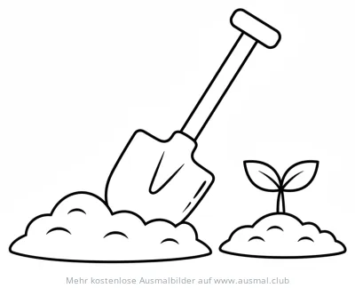 Schaufel im Erdreich und Setzling Ausmalbild