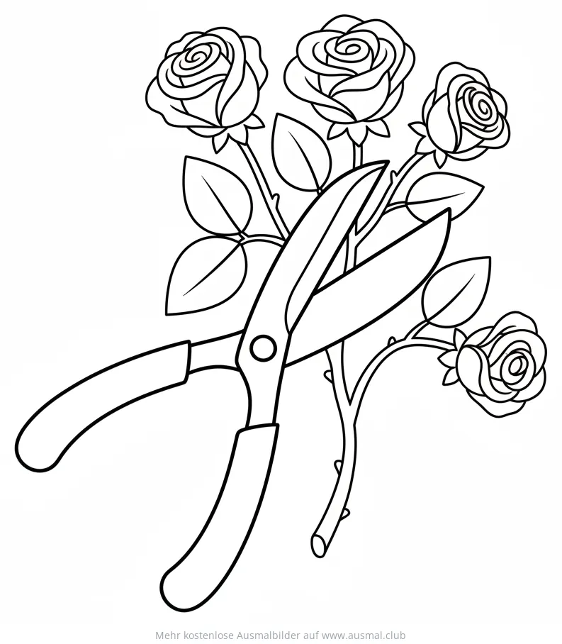 Gartenschere schneidet Rosen Ausmalbild