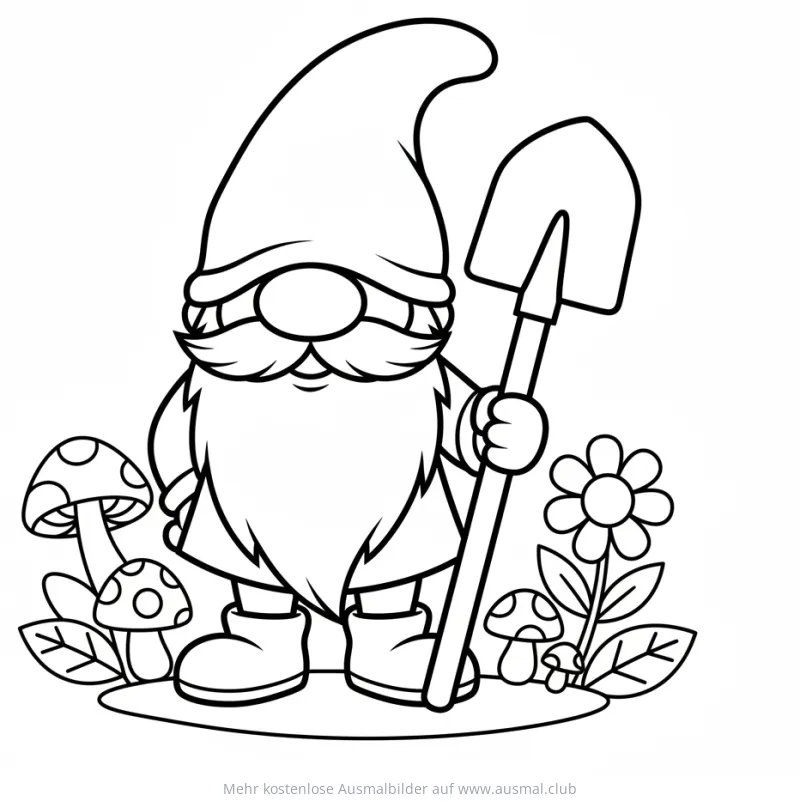 Gartenzwerg mit Spaten, Blumen und Pilzen Ausmalbild