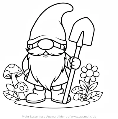Gartenzwerg mit Spaten, Blumen und Pilzen Ausmalbild