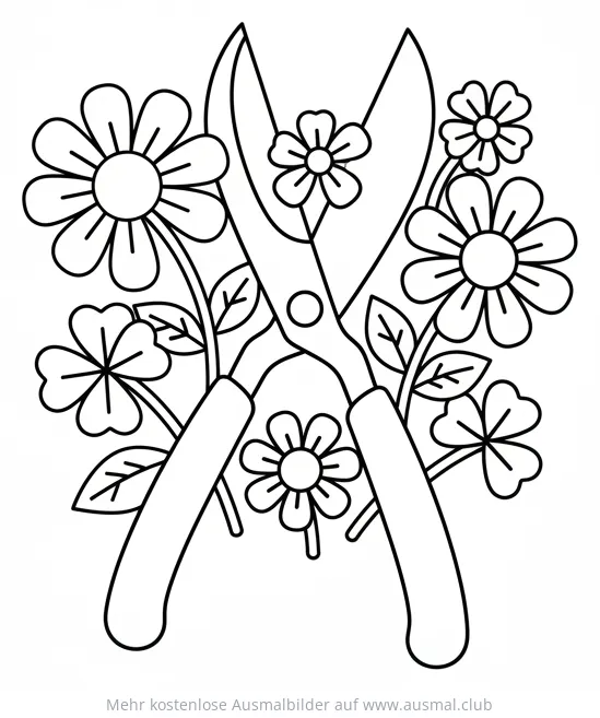 Blumenschere umgeben von Blumen Ausmalbild