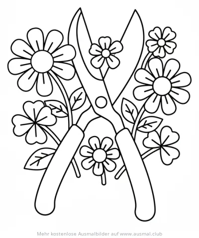 Blumenschere umgeben von Blumen Ausmalbild