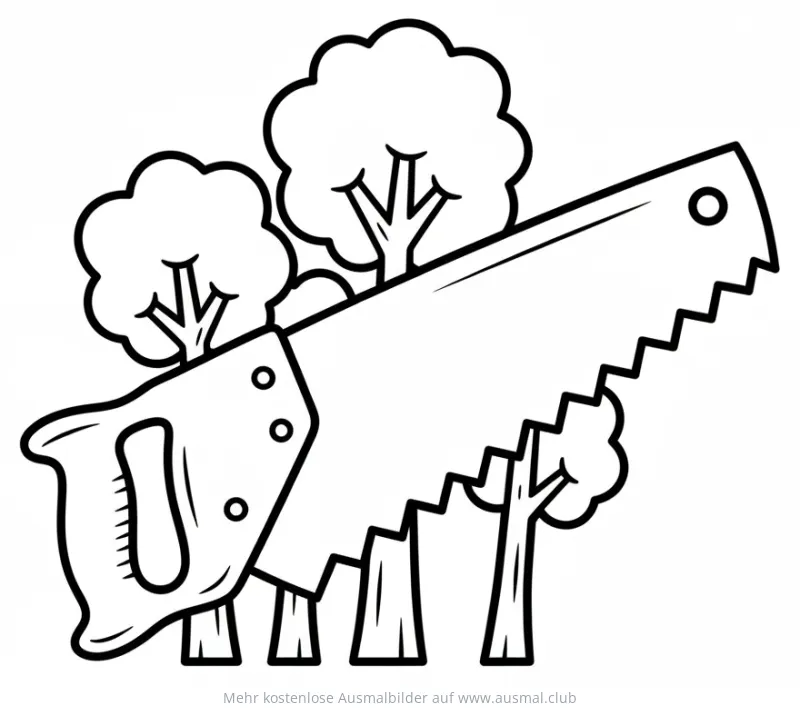 Baumsäge Ausmalbild mit Bäumen im Hintergrund