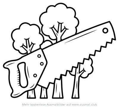 Baumsäge Ausmalbild mit Bäumen im Hintergrund