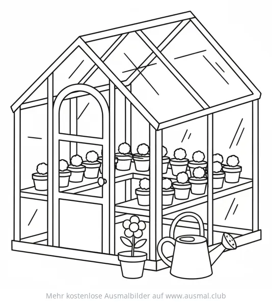 Gewächshaus mit Kakteen und Gießkanne Ausmalbild