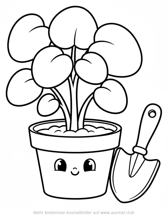Pflanze im Topf mit Gesicht und Kelle Ausmalbild