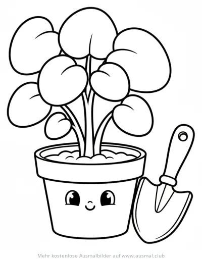 Pflanze im Topf mit Gesicht und Kelle Ausmalbild