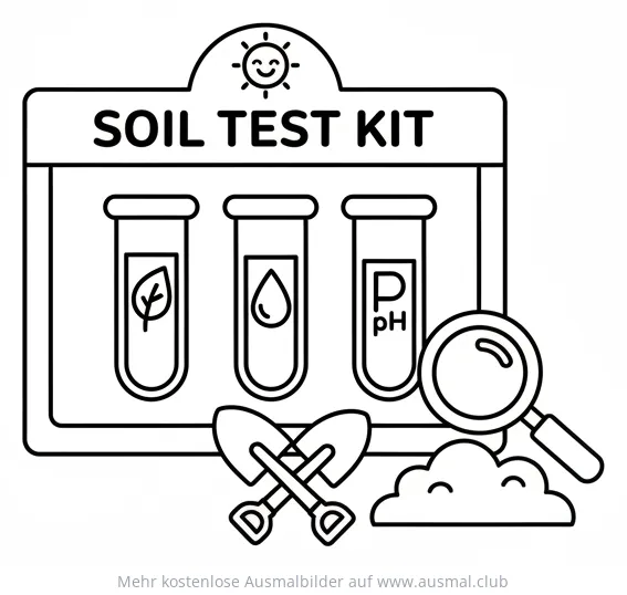 Bodenuntersuchungs-Set Ausmalbild mit Reagenzgläsern, Spaten und Lupe