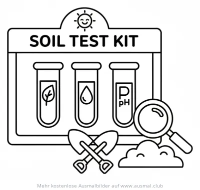 Bodenuntersuchungs-Set Ausmalbild mit Reagenzgläsern, Spaten und Lupe
