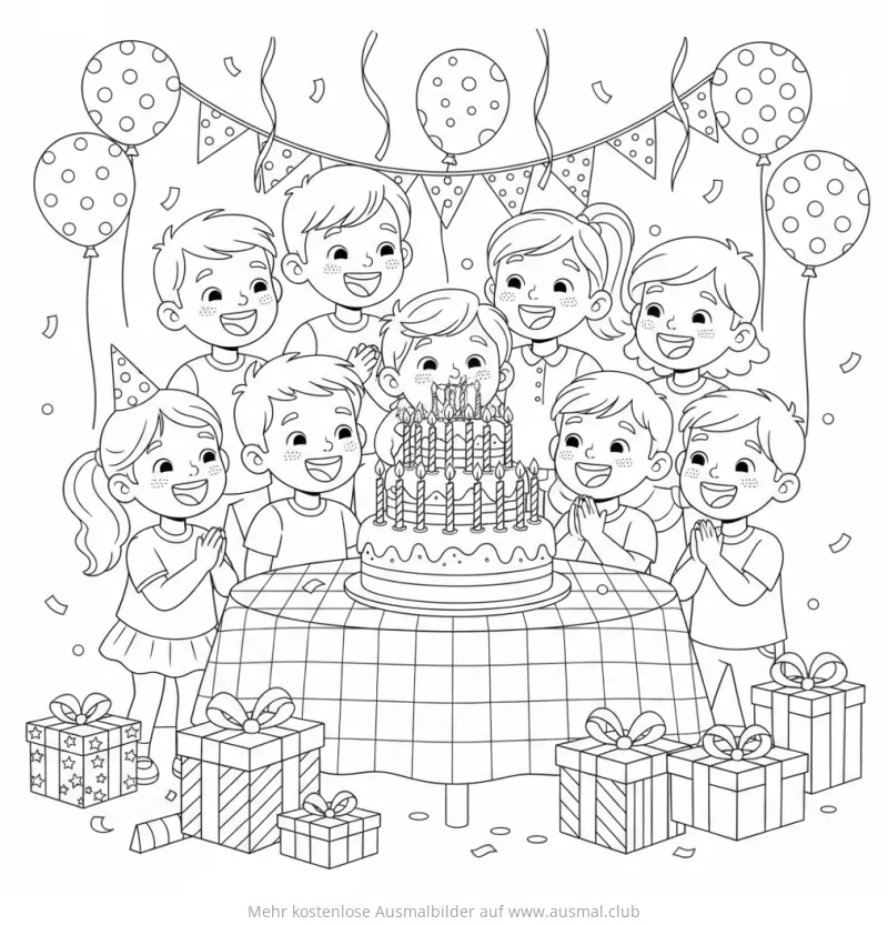 Kinder feiern Geburtstagsparty mit Kuchen und Geschenken Ausmalbild