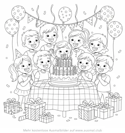 Kinder feiern Geburtstagsparty mit Kuchen und Geschenken Ausmalbild