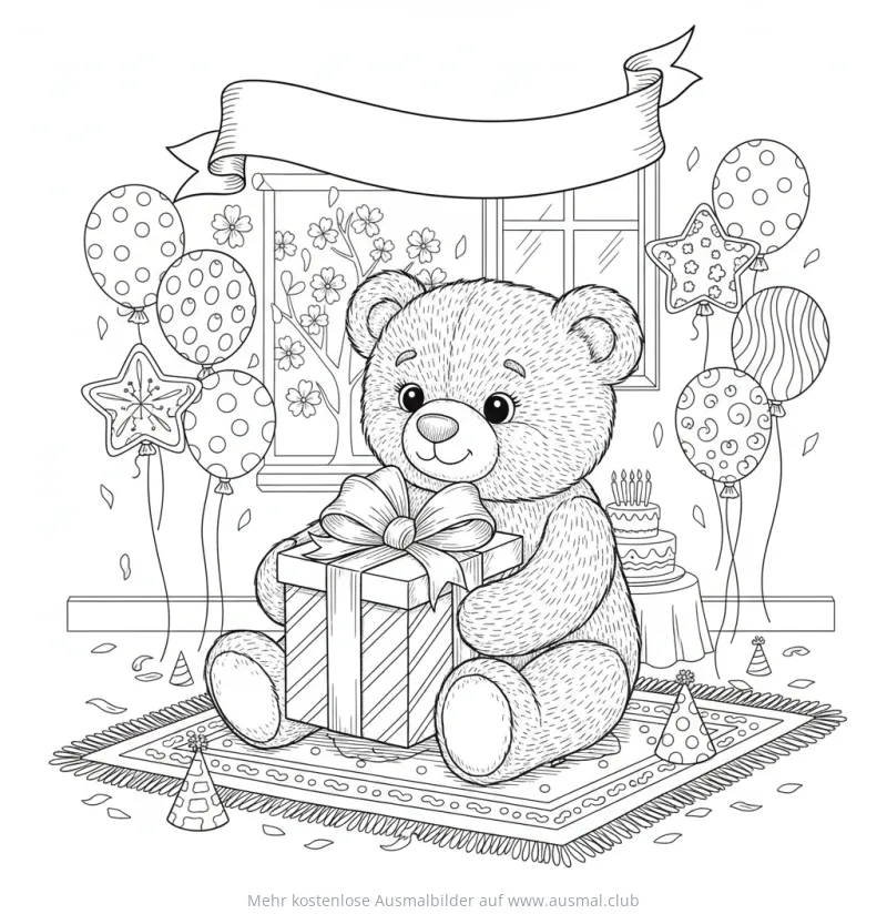 Teddy mit Geschenk und Ballons Ausmalbild zum Geburtstag