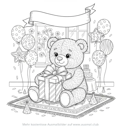Teddy mit Geschenk und Ballons Ausmalbild zum Geburtstag