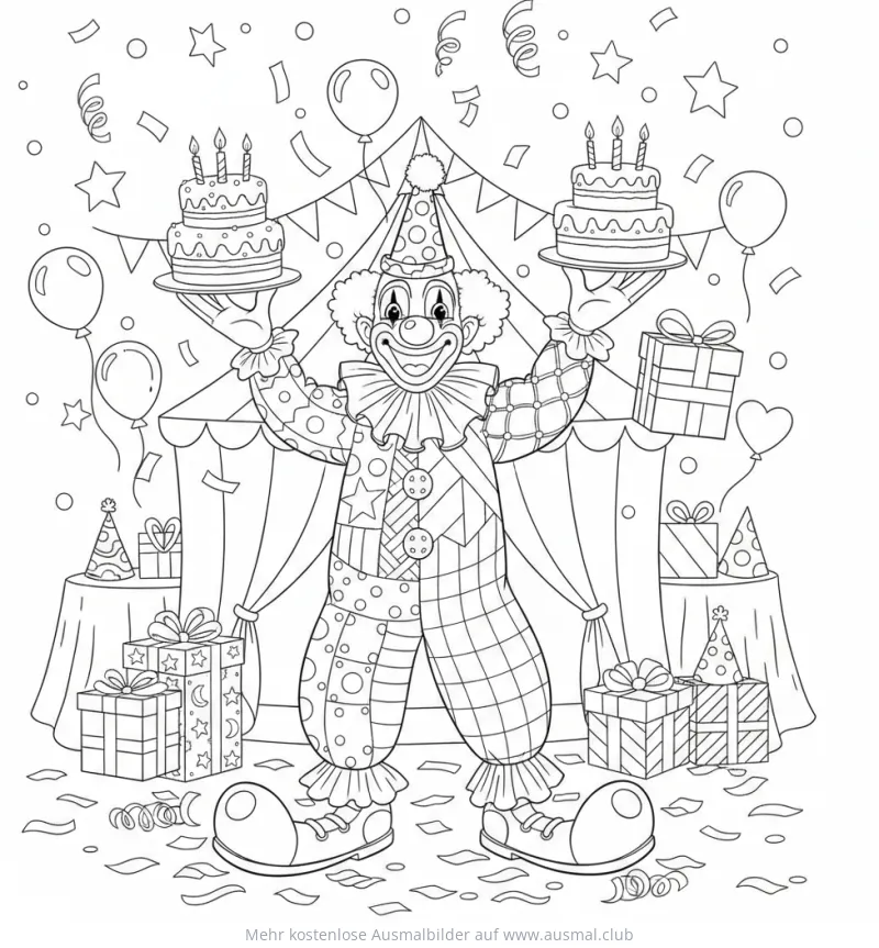Clown mit Geburtstagstorten und Geschenken Ausmalbild