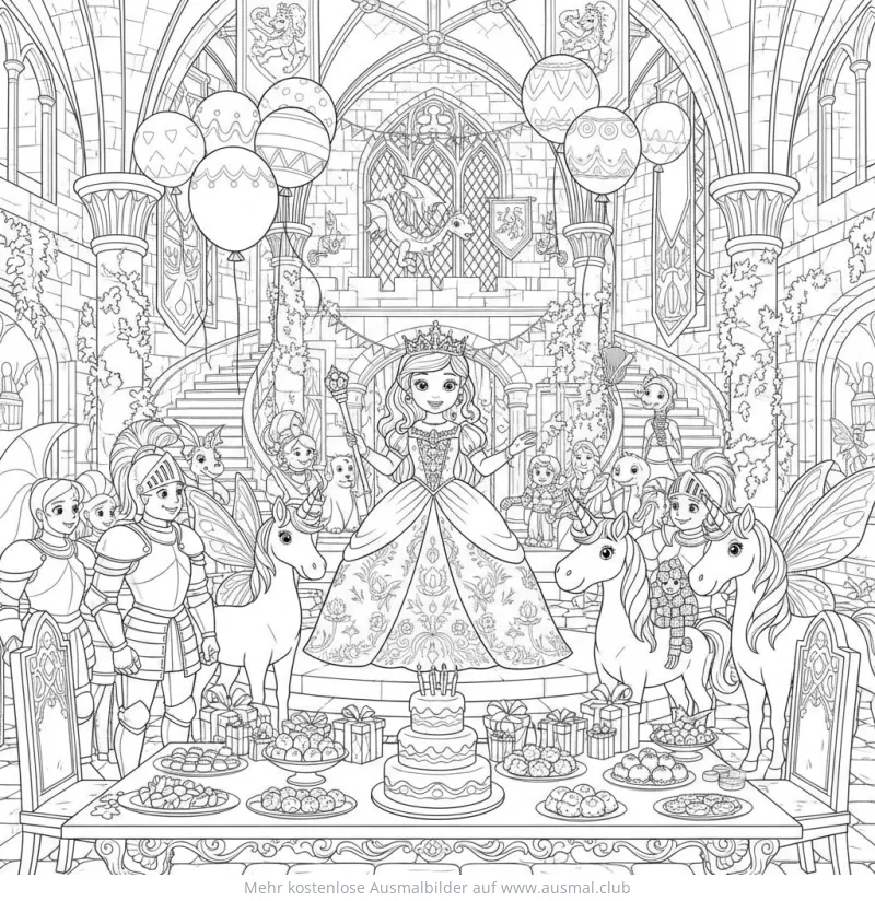 Prinzessin feiert Geburtstag mit Rittern und Einhörnern Ausmalbild