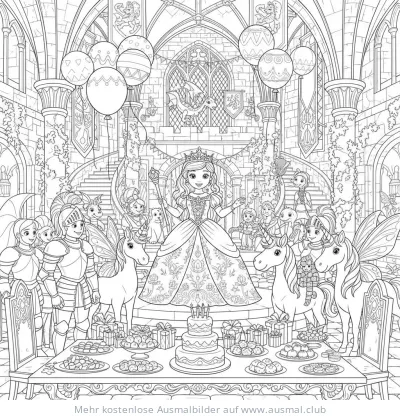 Prinzessin feiert Geburtstag mit Rittern und Einhörnern Ausmalbild