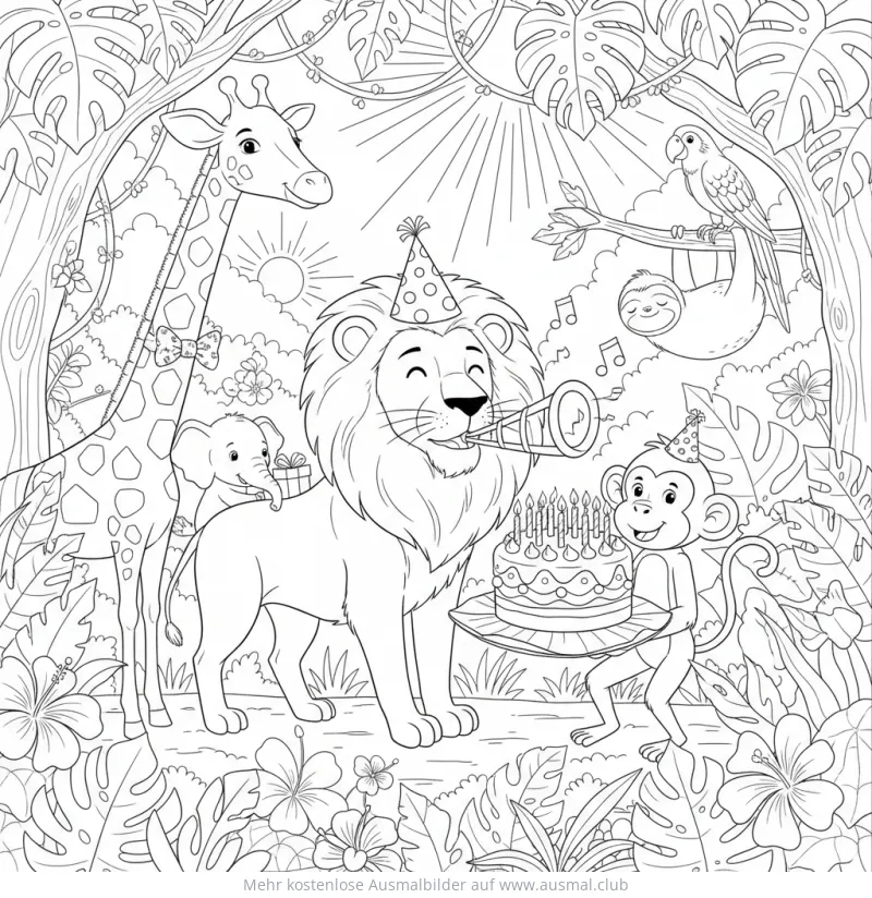 Löwe, Affe, Elefant und Giraffe feiern Geburtstag im Dschungel Ausmalbild
