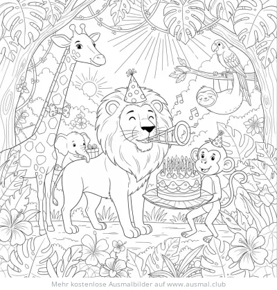 Löwe, Affe, Elefant und Giraffe feiern Geburtstag im Dschungel Ausmalbild