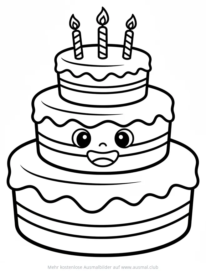 Fröhliche dreistöckige Geburtstagstorte mit Gesicht und Kerzen als Ausmalbild