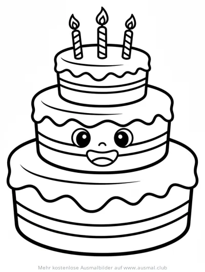 Fröhliche dreistöckige Geburtstagstorte mit Gesicht und Kerzen als Ausmalbild