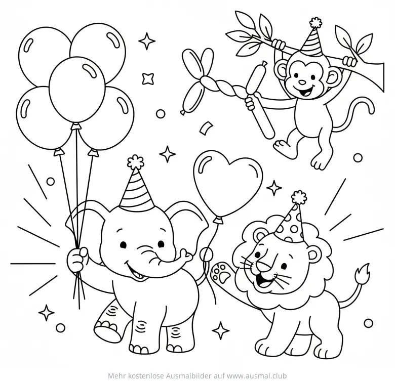 Fröhliche Geburtstagstiere mit Luftballons und Partyhüten Ausmalbild