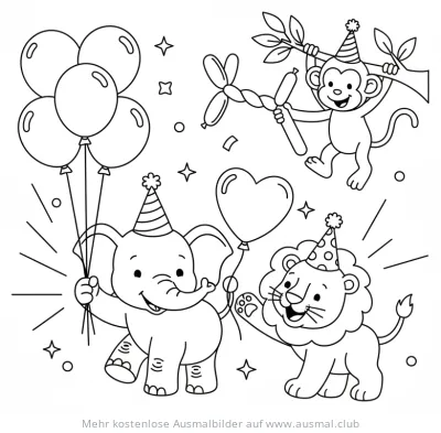 Fröhliche Geburtstagstiere mit Luftballons und Partyhüten Ausmalbild