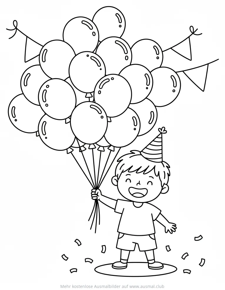 Junge mit Partyhut und Ballons Ausmalbild