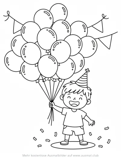 Junge mit Partyhut und Ballons Ausmalbild