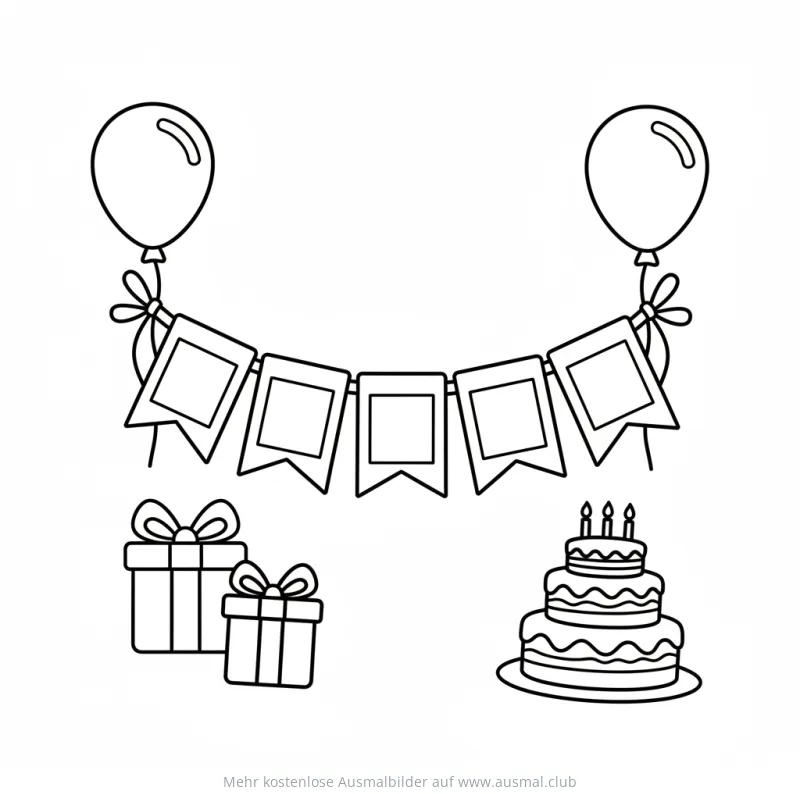 Geburtstagsparty mit Girlande, Ballons, Geschenken und Torte Ausmalbild