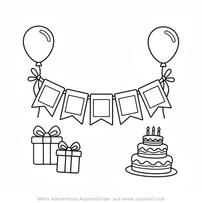 Geburtstagsparty mit Girlande, Ballons, Geschenken und Torte Ausmalbild