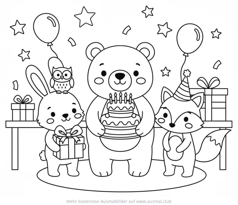 Bär, Hase, Fuchs und Eule feiern Geburtstag Ausmalbild