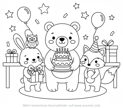 Bär, Hase, Fuchs und Eule feiern Geburtstag Ausmalbild