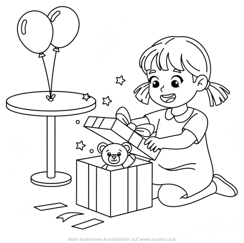 Mädchen öffnet Geschenk mit Teddybär Ausmalbild