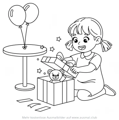 Mädchen öffnet Geschenk mit Teddybär Ausmalbild