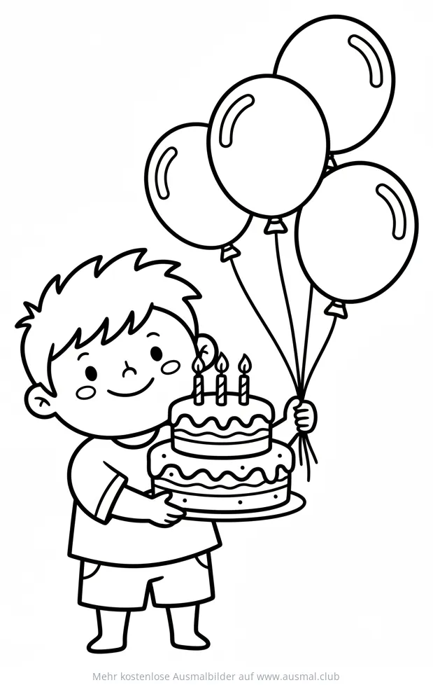 Junge hält Geburtstagstorte und Ballons Ausmalbild