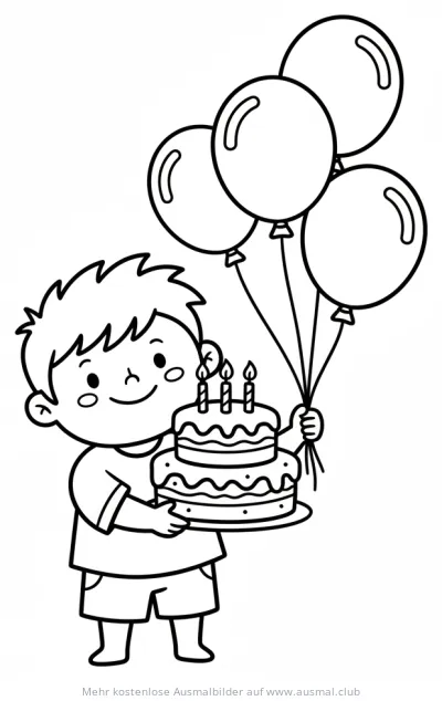 Junge hält Geburtstagstorte und Ballons Ausmalbild