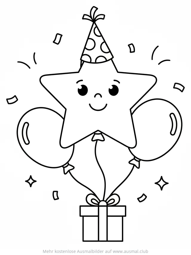 Fröhlicher Stern mit Partyhut, Luftballons und Geschenk Ausmalbild
