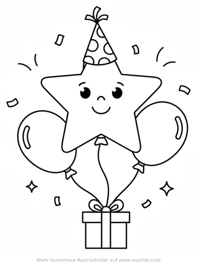 Fröhlicher Stern mit Partyhut, Luftballons und Geschenk Ausmalbild