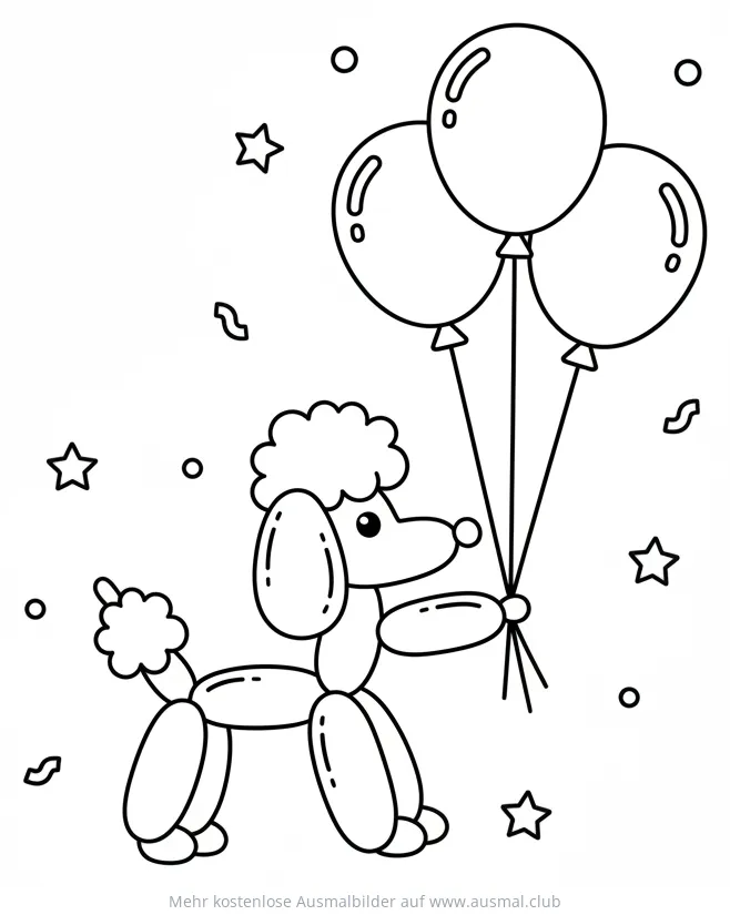 Luftballontier Pudel mit Luftballons Ausmalbild