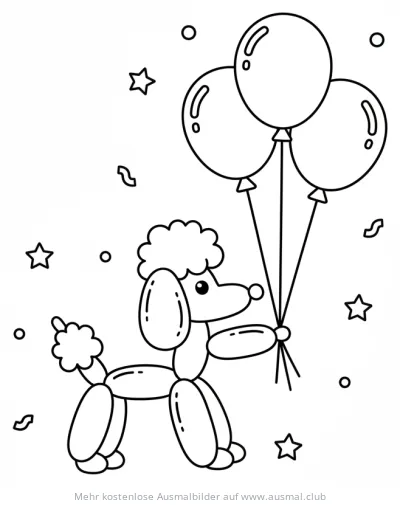 Luftballontier Pudel mit Luftballons Ausmalbild