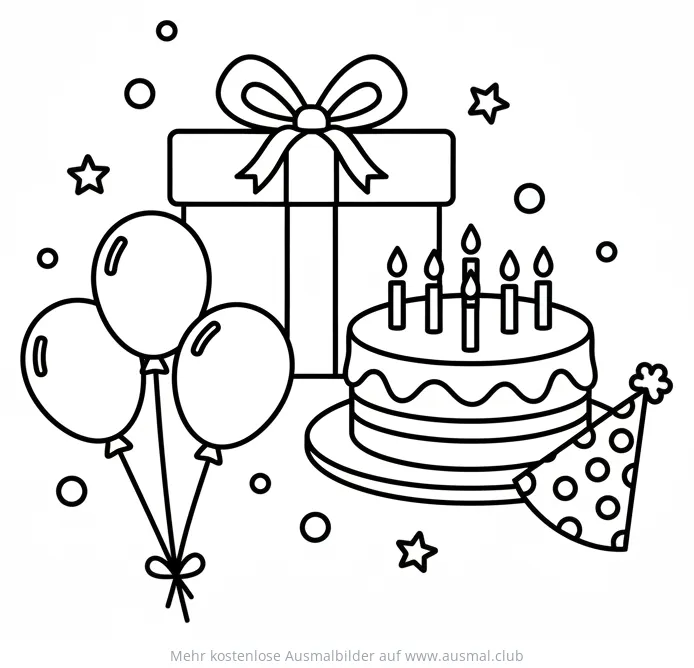 Geburtstagstorte mit Kerzen, Geschenk, Luftballons und Partyhut Ausmalbild
