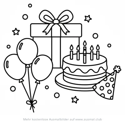 Geburtstagstorte mit Kerzen, Geschenk, Luftballons und Partyhut Ausmalbild