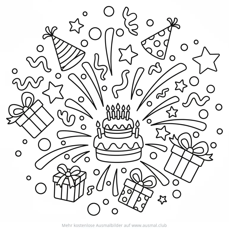 Geburtstagstorte mit Geschenken und Konfetti Ausmalbild