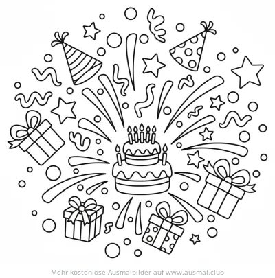 Geburtstagstorte mit Geschenken und Konfetti Ausmalbild