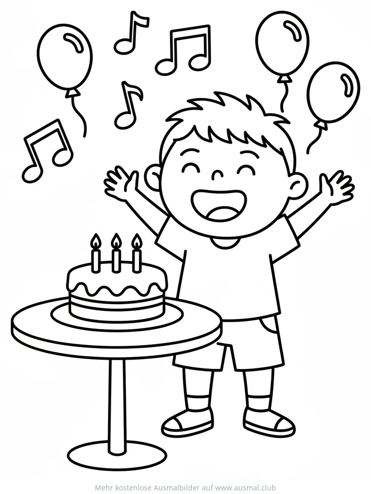 Fröhliches Geburtstagskind mit Kuchen, Luftballons und Noten Ausmalbild