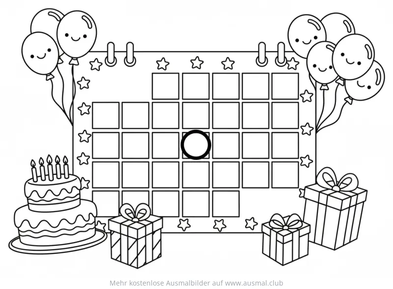 Geburtstagskalender mit Kuchen, Geschenken und Ballons Ausmalbild