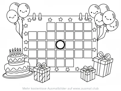 Geburtstagskalender mit Kuchen, Geschenken und Ballons Ausmalbild